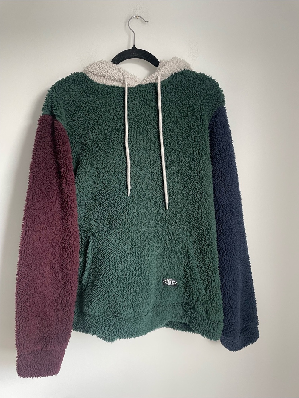 BKC Fuzzy Sherpa Maroon Green Navy White Color Block Hoodie Size L